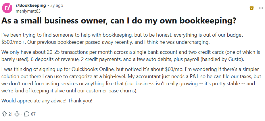 a reddit post in which a small business owner is asking whether he can do his own bookkeeping or not